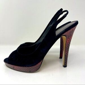 Bebe platform sling back heels black suede red snake skin stiletto 9B BoxD